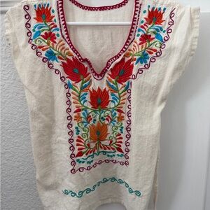 Girls Mexican Blouse - Cream with Red & Multicolor Floral Detail
